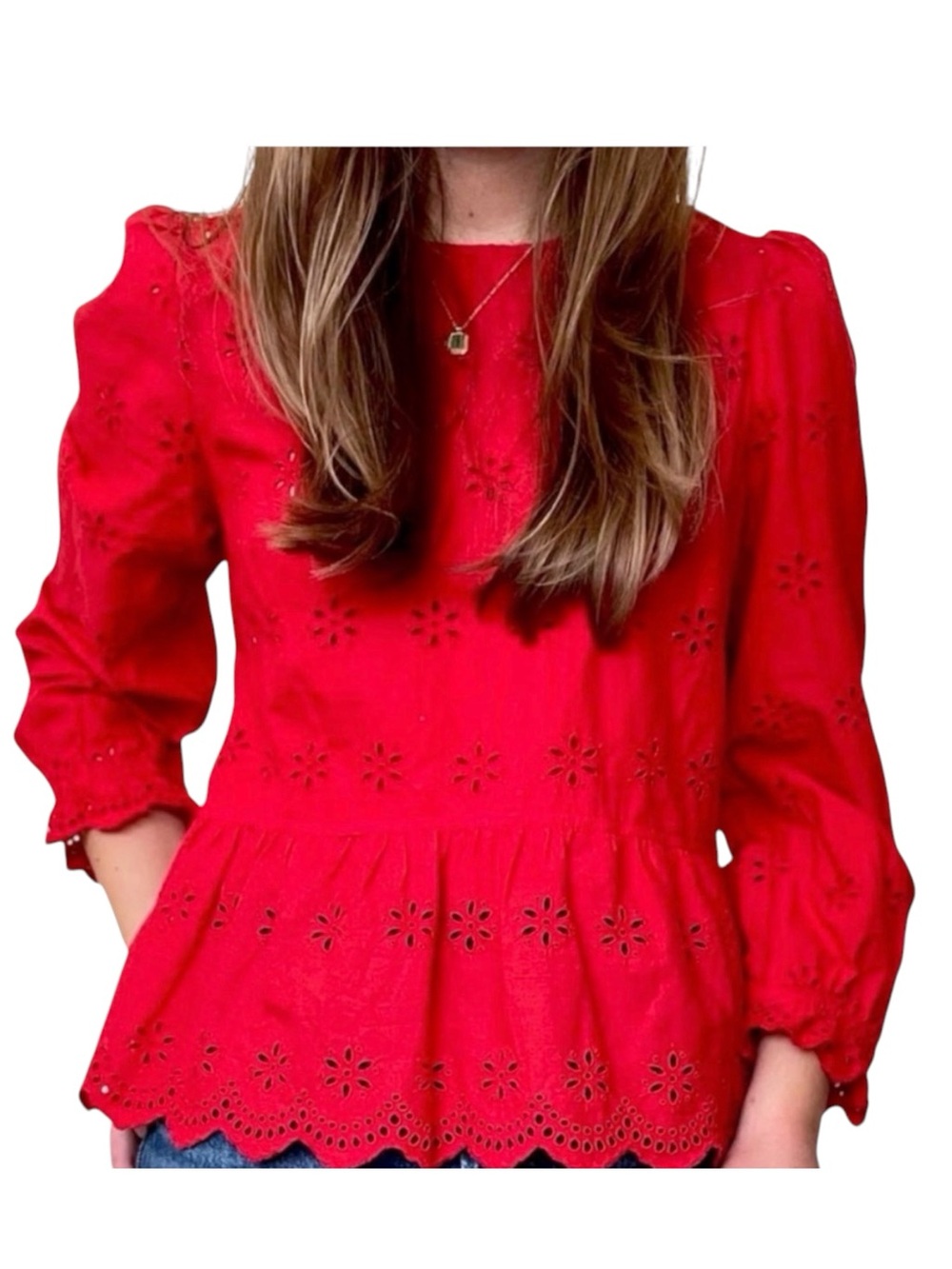Madewell Red Eyelet Peplum Top Small 100% Cotton